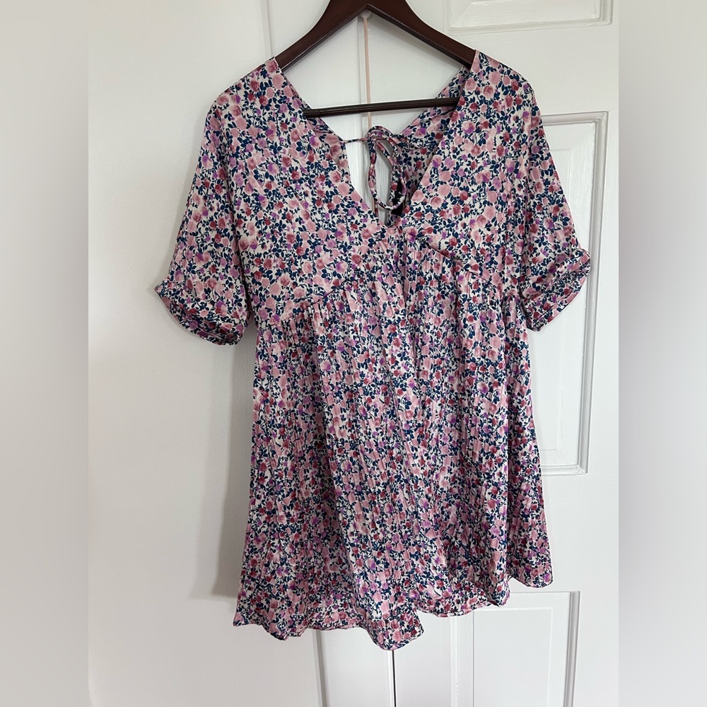 Lulu's Pink and Blue Silky Puff Sleeve Dress